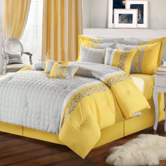 Νεοκλασικό γκρίζο και κίτρινο υπνοδωμάτιο