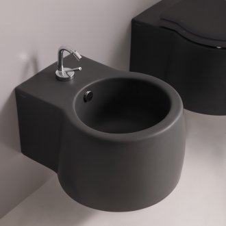 Svart toalett med bidé