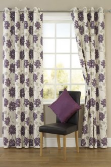 Floral γκρίζα-ιώδες κουρτίνες σε grommets