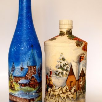 Νέο έτος decoupage ενός ζευγαριού μπουκαλιών σαμπάνιας