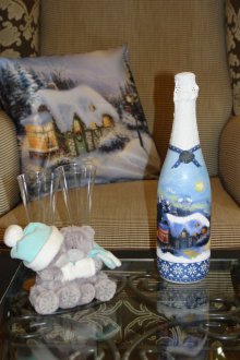 Μπουκάλια σαμπάνιας μπλε decoupage για το νέο έτος