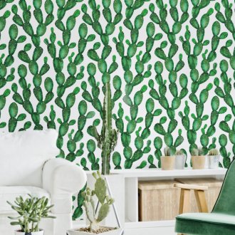 Λευκή ταπετσαρία με μοτίβο κάκτων