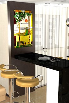 Όμορφη βιτρό παράθυρο στην κουζίνα με μπαρ πρωινό