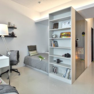 Συνδυασμένο σαλόνι και υπνοδωμάτιο γκρι