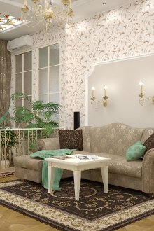 Ο συνδυασμός της απλής και ανθισμένης ταπετσαρίας στο κλασικό εσωτερικό του καθιστικού-τραπεζαρίας