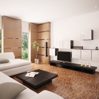 Τηλεόραση στο ευρύχωρο και φωτεινό μπεζ και καφέ καθιστικό