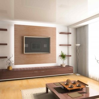 Τηλεόραση σε μπεζ και καφέ καθιστικό