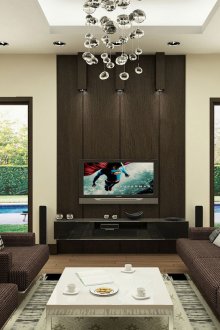 Εσωτερικό σαλόνι με μαύρη επίπεδη τηλεόραση