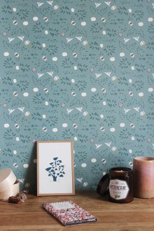 Τυρκουάζ ταπετσαρία με πουλιά