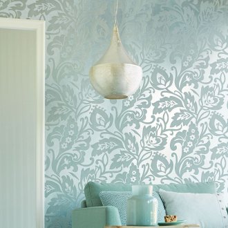 Τυρκουάζ ταπετσαρία με ασημένια εκτύπωση