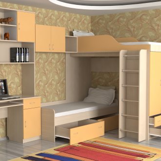 Κρεβάτι μπεζ και ροδακινί για δύο παιδιά