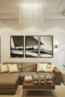 Καφέ έπιπλα και κουρτίνες στο σαλόνι