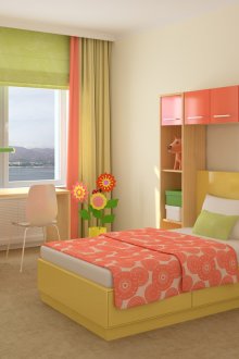 Πράσινο-κοραλλιογενείς κουρτίνες στο παιδικό δωμάτιο για το κορίτσι