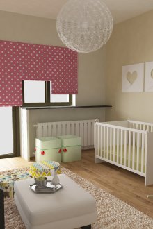 Ροζ κουρτίνες με λευκές πόλκες σε παιδικό δωμάτιο