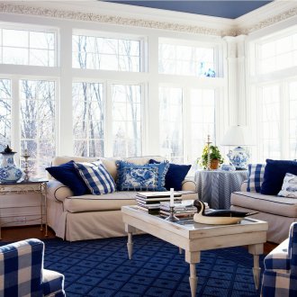 Μπλέ και άσπρο εσωτερικό σαλόνι