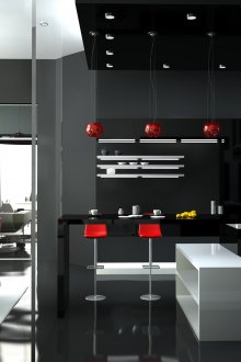 Σκούρο υψηλής τεχνολογίας κουζίνα με κόκκινες και άσπρες προειδοποιήσεις