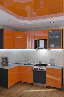 Μικρή μαύρη και πορτοκαλί κουζίνα υψηλής τεχνολογίας