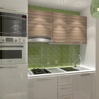 Μικρή κουζίνα με πράσινη ποδιά μωσαϊκού σε οικολογικό στιλ
