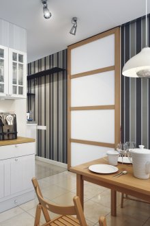 Γκρι και μαύρη ριγωτή ταπετσαρία στην κουζίνα