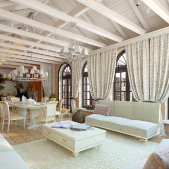 Ροδάκινο τοίχους στην τραπεζαρία-σαλόνι σε ιταλικό στιλ