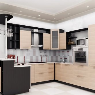 Κομψή μαύρη σύγχρονη γωνιά κουζίνας