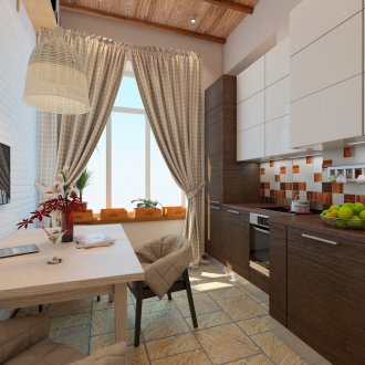 Λευκά, πορτοκαλί και καφέ πλακάκια ποδιάς στην κουζίνα