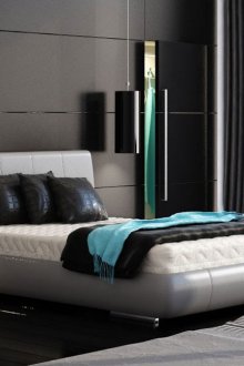 Υπνοδωμάτιο σε σκούρα χρώματα με τιρκουάζ τόνους.