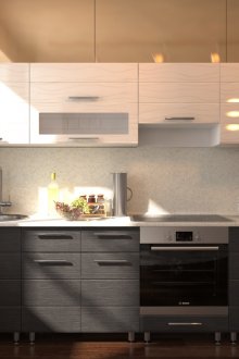 Μαύρη και λευκή κουζίνα με απομίμηση wenge